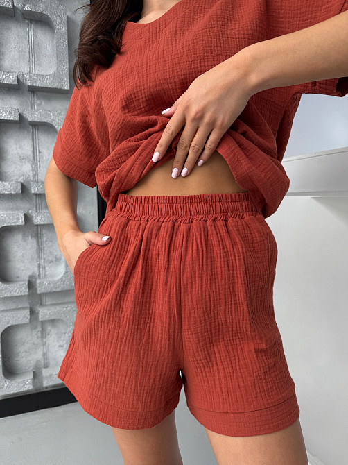 Літній костюм жіночий мусліновий шорти та футболка жіночі COSY Hawaii теракот Одеса - фото 5