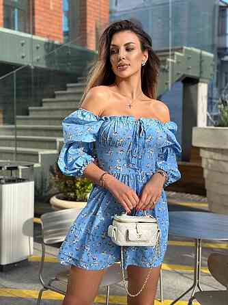 Жіноче софтове плаття на ґудзиках із довгим рукавом Блакитний Квітковий принт M-L Харків