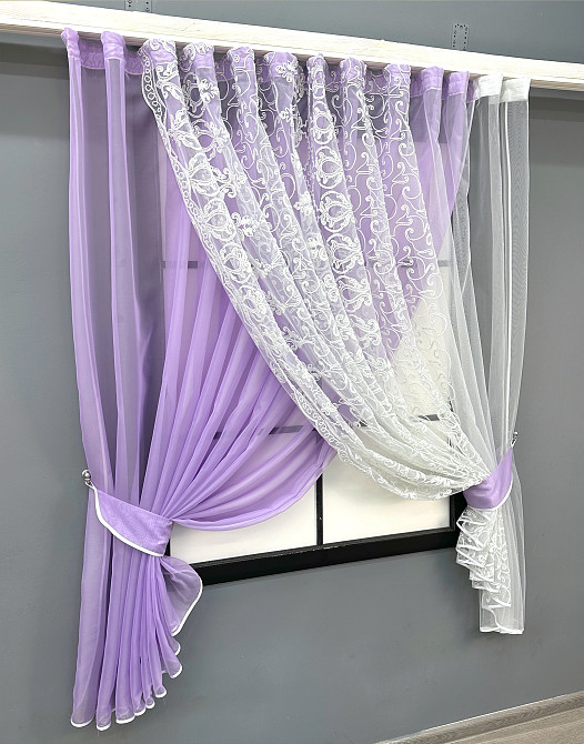 Кухонні шторки VR-Textil № 101к з підв'язками бузковий з білим 330х170 см (52-1196) Київ - фото 2