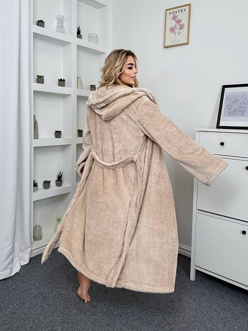 Жіночий теплий домашній махровий халат двостороння махра Бежевий, 48/52 Одеса - фото 4