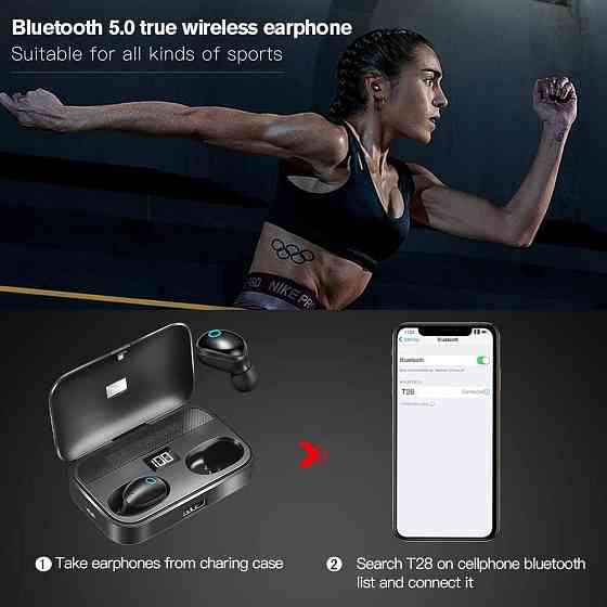 Бездротові навушники BlueTEK T28 TWS Bluetooth 5.0, Powerbank 3000мАг, IPX7 Водонепроникні, 120 годин роботи, Чорні Київ