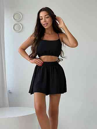 Женский летний прогулочный оверсайз костюм тройка: рубашка топ и шорты американский креп жатка Черный Одесса