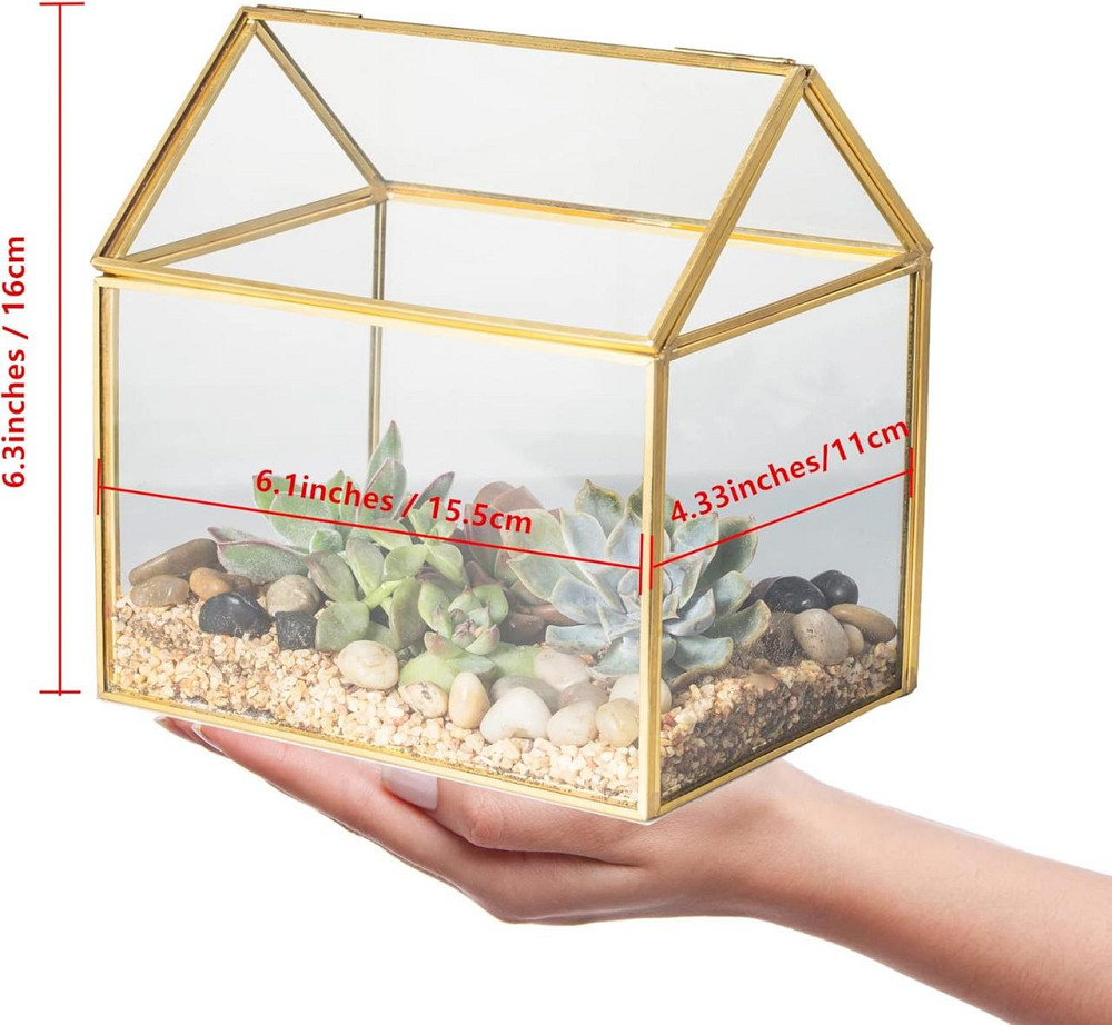 Скляний флораріум NCYP у формі будиночка з кришкою, золота рамка, 15.5×11×16 см, для сукулентів, мосаріум Київ - фото 6