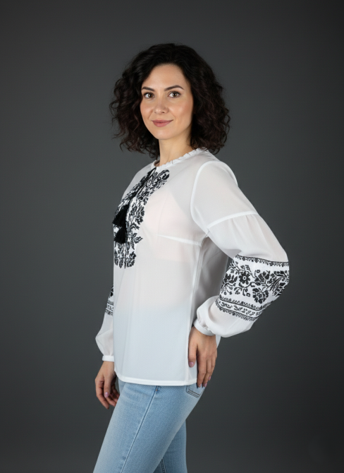 Шифоновая белая женская вышиванка с черным орнаментом Киев - изображение 2