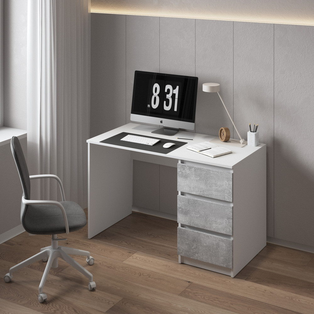 Компьютерный стол VAYS, письменный, современный, с тумбой cправа, 3 ящика з фасадами без ручек R-1 Белый-Бетон фасад Львов - изображение 1