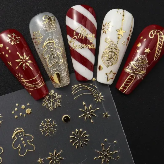 Новогодние наклейки для ногтей с золотым тиснением – набор 2 листа Киев