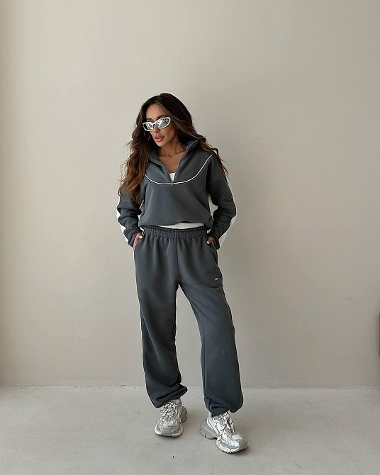 Жіночий теплий прогулянковий костюм-двійка з кантом тринитка на флісі Графіт, 46/48 Одеса - фото 3