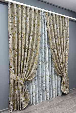 Комплект штор VR-Textil Лен Прованс 150х265 2шт и Тюль 400х265 1819ш-1908т Капучино с белым 71-107/3 Киев