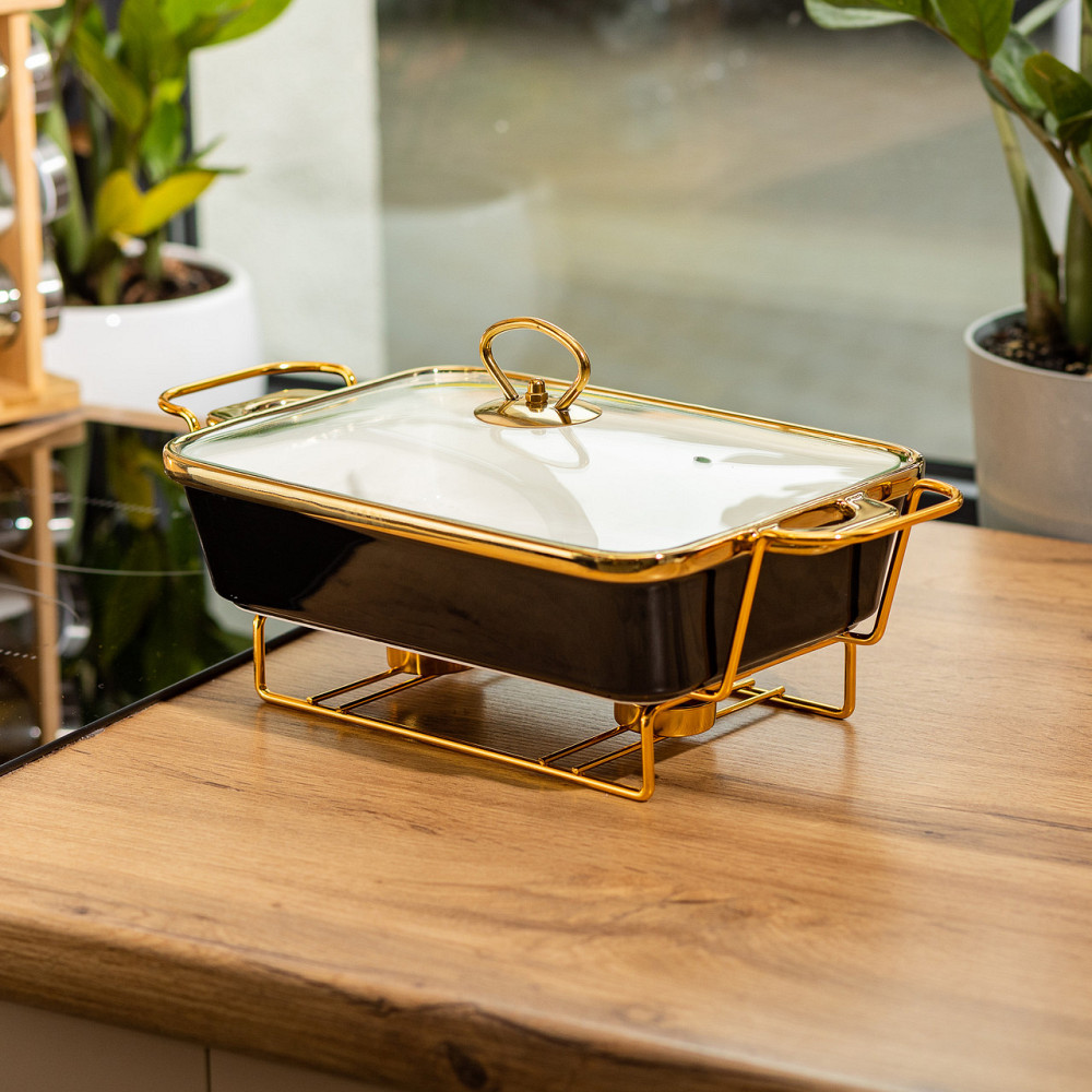 Мармит фарфоровый со стеклянной крышкой 35.5х19х15.5 см на металлической подставке 1.5 л Черный HTJ-1002 Киев - изображение 5