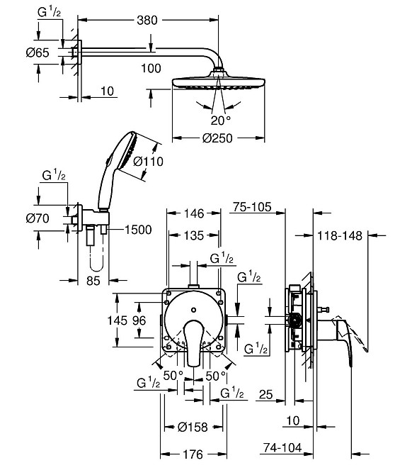 Душова система прихованого монтажу Grohe Eurosmart (25288000) ( 12035 ) ( 12548 ) Харків - фото 6