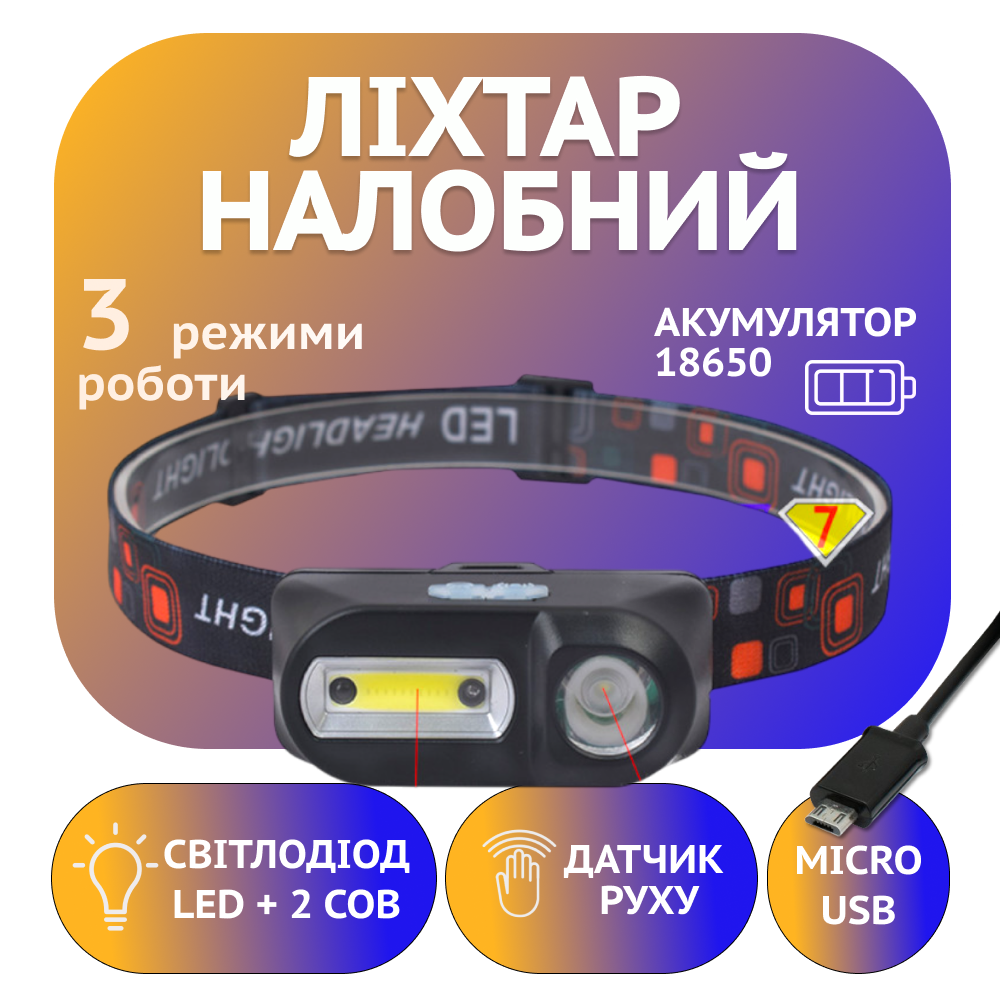 Налобний ліхтар Bailong BL-1804A, LED+COB, сенсор, акумулятор 18650, micro USB Дніпро - фото 1