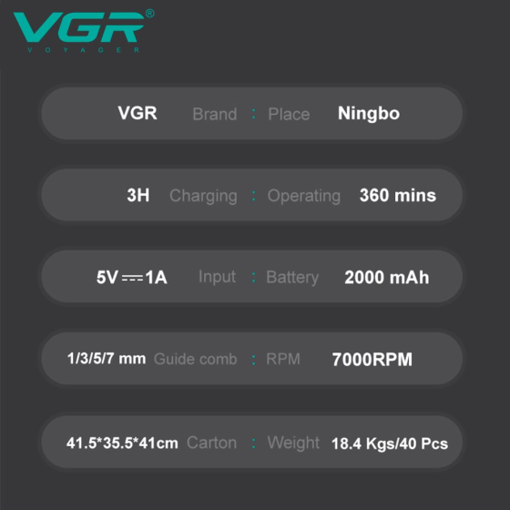 Машинка для стрижки VGR V-930: 7 Вт, 7000 об/хв, 2000 мА·год, до 360 хв, LED, 4 насадки, USB та метал Одеса