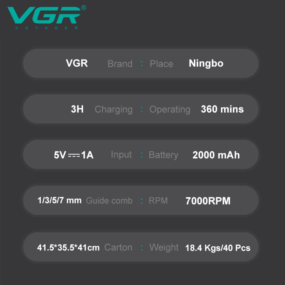 Машинка для стрижки VGR V-930: 7 Вт, 7000 об/хв, 2000 мА·год, до 360 хв, LED, 4 насадки, USB та метал Одеса - фото 4