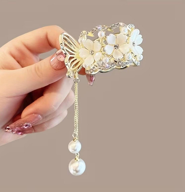 Заколка краб для волосся з квітами та перлинами, декоративна заколка метелик Київ - фото 3