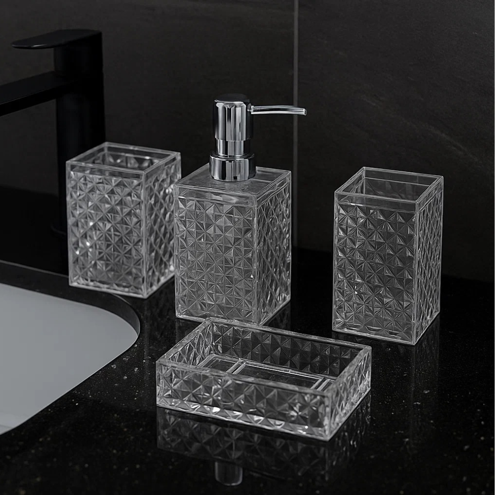 Набор аксессуаров 4в1 для ванной и душа, дозатор для мыла, мыльница, стаканы,материал акрил стаканы,прозрачный Каменец-Подольский - изображение 2