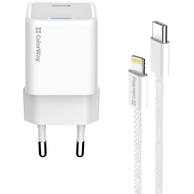 Зарядное устройство ColorWay C101D GaN Mini 20W PD PPS USB-C + cable USB-C to Lightning white (CW-CHS059PDL-WT) Винница - изображение 9
