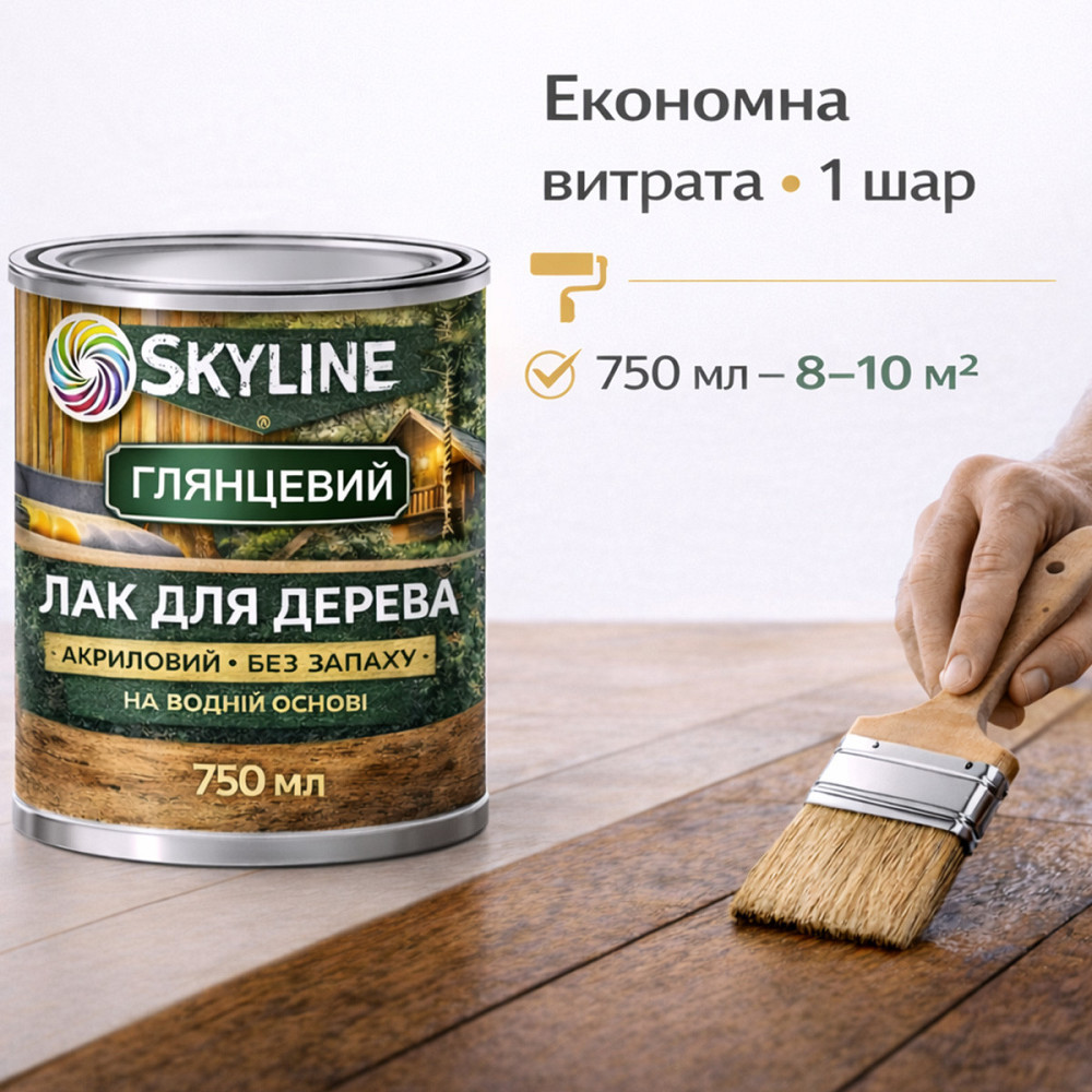 Лак для дерева Skyline глянцевий акриловий прозорий без запаху для внутрішніх та зовнішніх робіт 750 мл Харків - фото 5