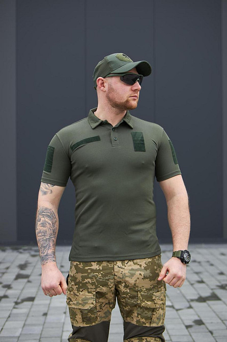 Тактическая оливковая футболка поло мужская летняя футболка для военнослужащего с липучками  WAR Львов - изображение 3
