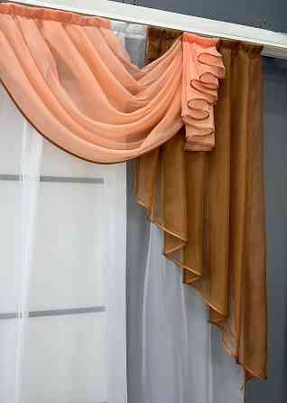 Кухонный ламбрекен VR-Textil № 093к из тюля коричневый с персиковым и белым 200х170 см (52-1214) Киев