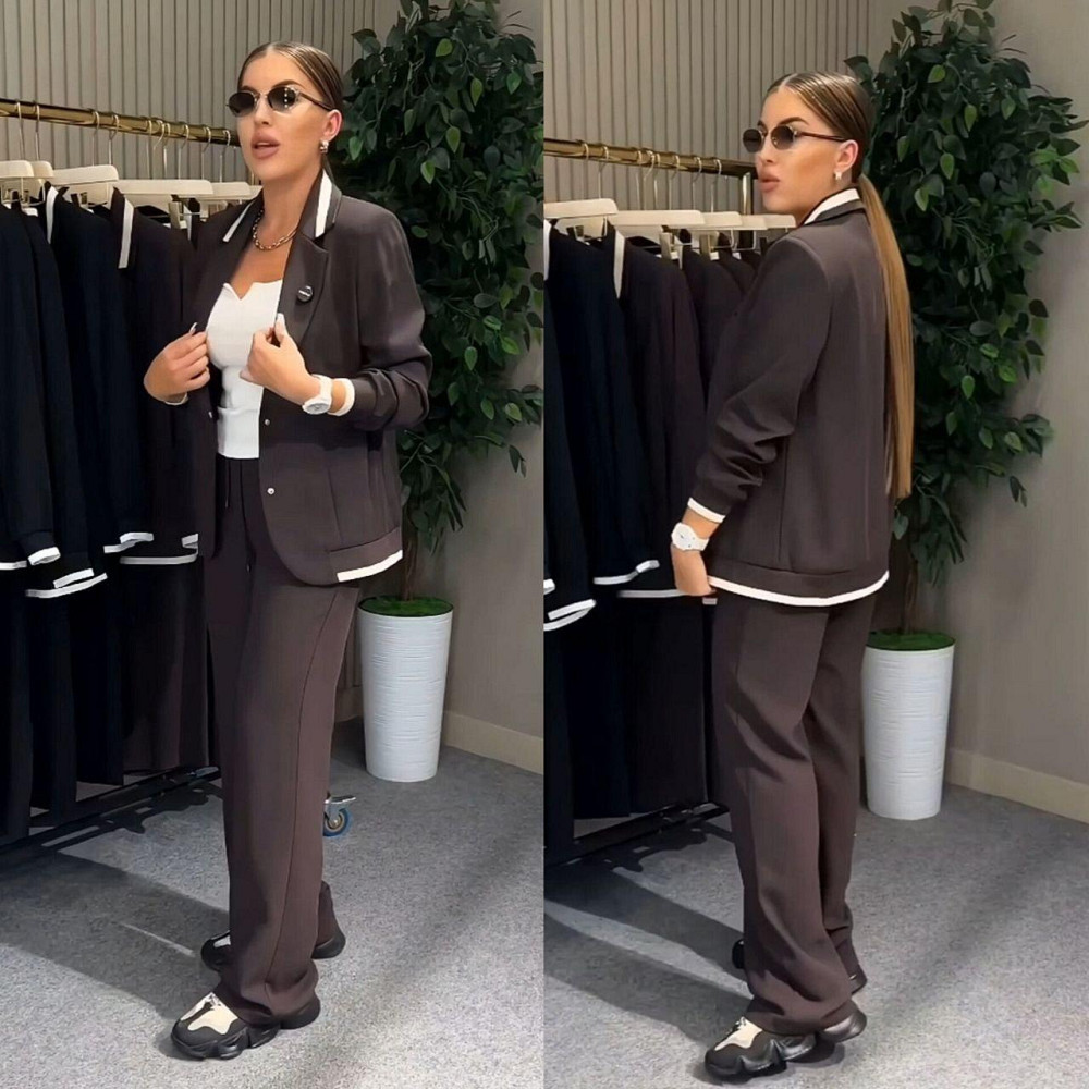 Женский стильный брючный костюм двойка: пиджак и штаны батал итальянский трикотаж Шоколадный, 60/62 Одесса - изображение 1