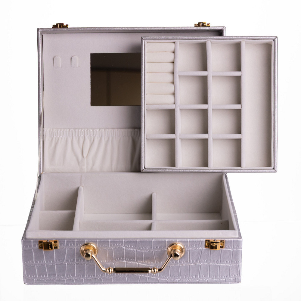 Скринька для прикрас з еко шкіри 19 відділень з дзеркалом 23.5×14×8 см Сірий HP-5-20G Київ - фото 4