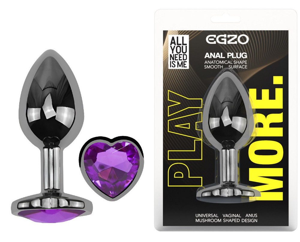 Анальна пробка з кристалом EGZO - Dark Silver Heart Plug Purple size M Sex Aura Київ - фото 1