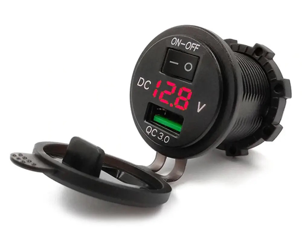 Гніздо прикурювача P10R USB QC 3,0 + вольтметр з кнопкою ON/OFF врізне з кришкою та червоною підсвіткою 12/24V Харків - фото 1