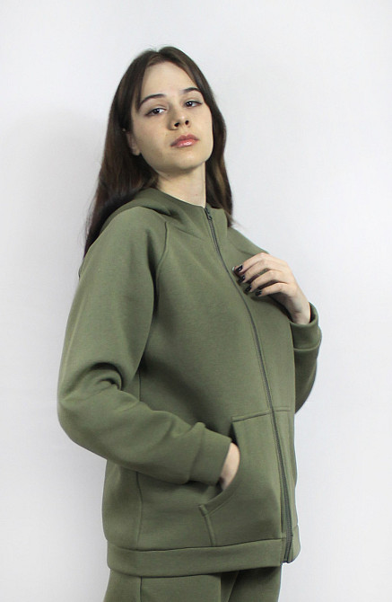 Костюм женский теплый спортивный на флисе кофта на змейке Хаки 42/44 Харьков - изображение 7