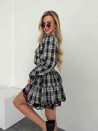 Женский стильный костюм двойка: рубашка и юбка с кружевом фланель Одесса