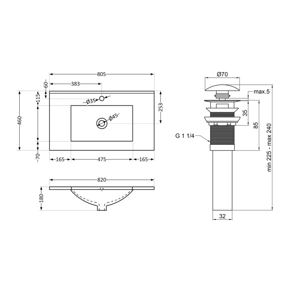 Комплект Albatross: Раковина врізна меблева 820x460x180 мм, White, прямокутна + Донний клапан Pop-up PU02O Київ - фото 2