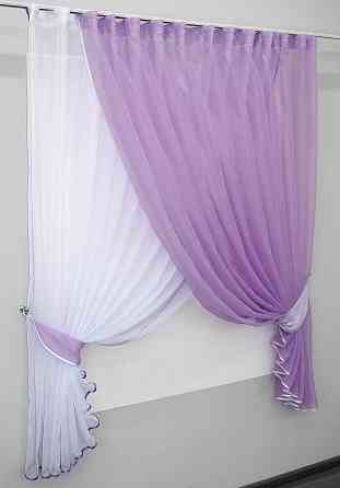 Кухонні шторки VR-Textil № 060к "Дует" з підв'язками бузковий з білим 330х170 см (50-364) Київ