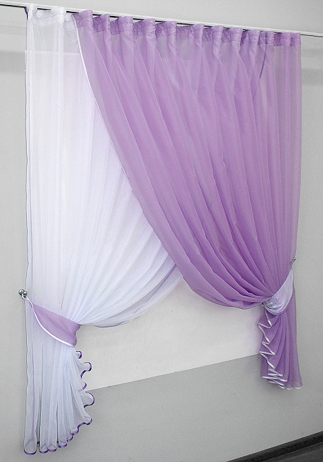 Кухонні шторки VR-Textil № 060к "Дует" з підв'язками бузковий з білим 330х170 см (50-364) Київ - фото 2