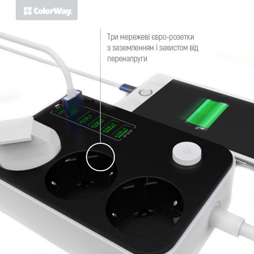 Фільтр мережевий 3 розетки/6USB 1,8 м чорний CW-CHE36B ColorWay Житомир - изображение 18