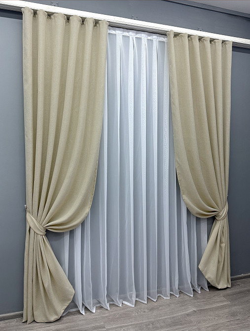 Комплект готовых штор VR-Textil Лен Мешковина № 114ш Бежевый 100х270 см 2 шт (31-098) Киев - изображение 3