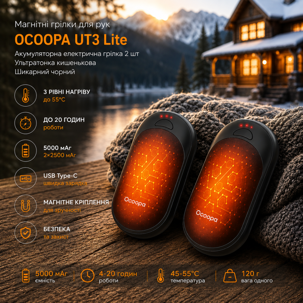 Магнітні грілки для рук OCOOPA UT3 Lite Акумуляторна електрична грілка 2 шт Ультратонка кишенькова Шикарний чорний Київ - фото 11