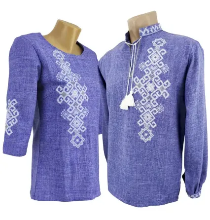 Вишита жіноча блуза у кольорі джинс з орнаментом на рукавах Київ
