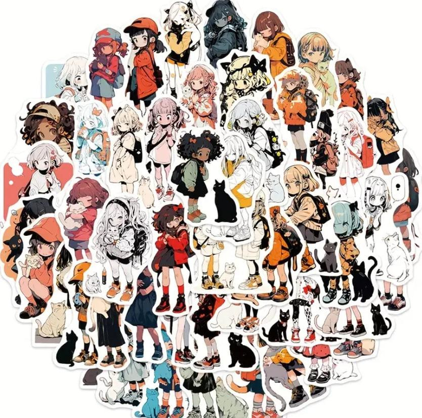 Набір наклейок з малюнками аніме дівчаток з кішками (50 шт.), стікербомбінг аніме Київ - фото 7