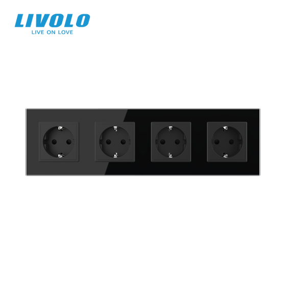 LIVOLO Чотиримісна електрична розетка з заземленням LIVOLO, чорна, скляна матова рамка, шторки, Коломыя