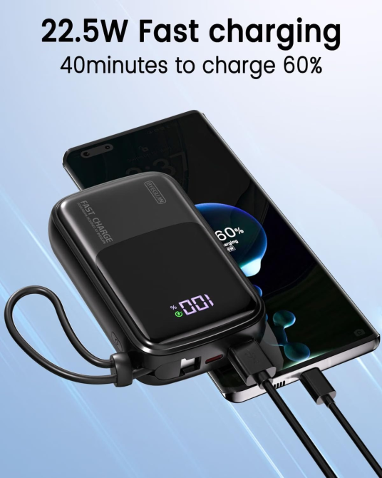 Повербанк BYEGUJIN 20000 мАг 22,5 Вт, швидка зарядка PD/QC, 2 вбудовані кабелі USB-C/Lightning, LCD-дисплей, чорний Київ - фото 4