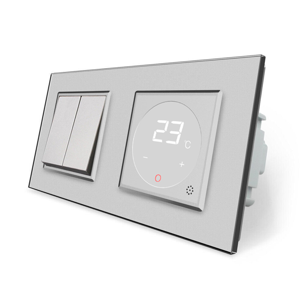 Комбінований 2-клавішний вимикач та терморегулятор (термостат) програмований для електричної теплої підлоги LIVOLO, сірий скляний, в одній рамці (VL-C Коломия - фото 1