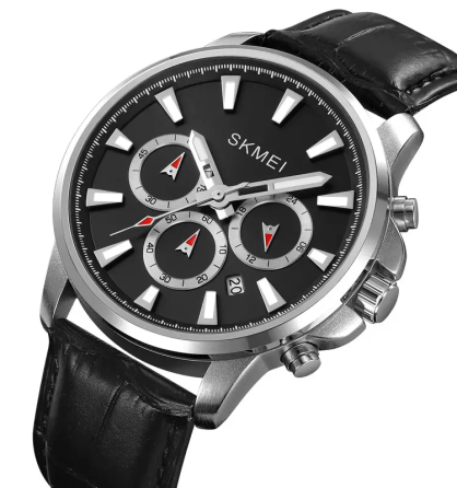 Чоловічий наручний годинник Skmei 2071 з ремінцем з еко-шкіри (Чорний з сріблястим) Київ