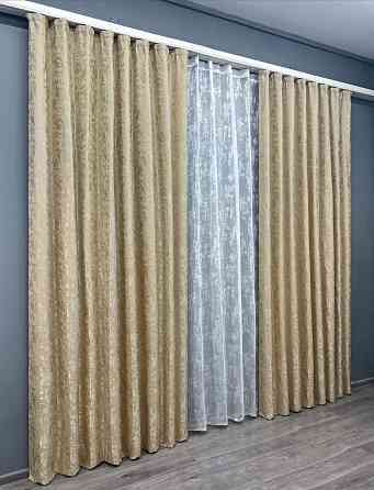 Комплект штор VR-Textil Льон Мармур 150х270 2шт і Тюль 400х270 1270ш-1400т Бежевий з білим 71-123/3 Київ