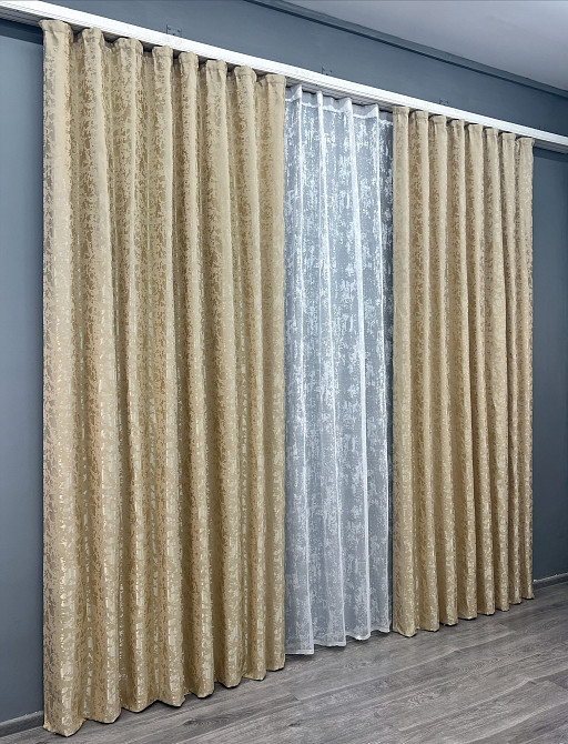 Комплект штор VR-Textil Льон Мармур 150х270 2шт і Тюль 400х270 1270ш-1400т Бежевий з білим 71-123/3 Київ - фото 3