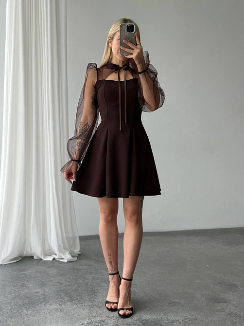 Женское нежное платье с рукавами из сеточки креп дайвинг Шоколад, 46/48 Одесса - изображение 4