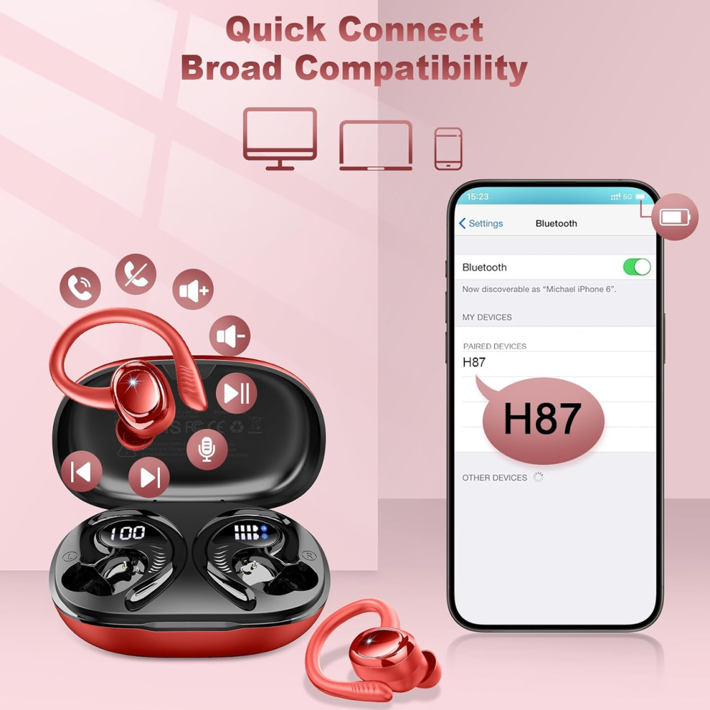 Беспроводные наушники Hupoaf H87 TWS Bluetooth 5.4, ENC, IPX7, 75 часов, USB-C, сенсорное управление, спортивные, Black Киев - изображение 8