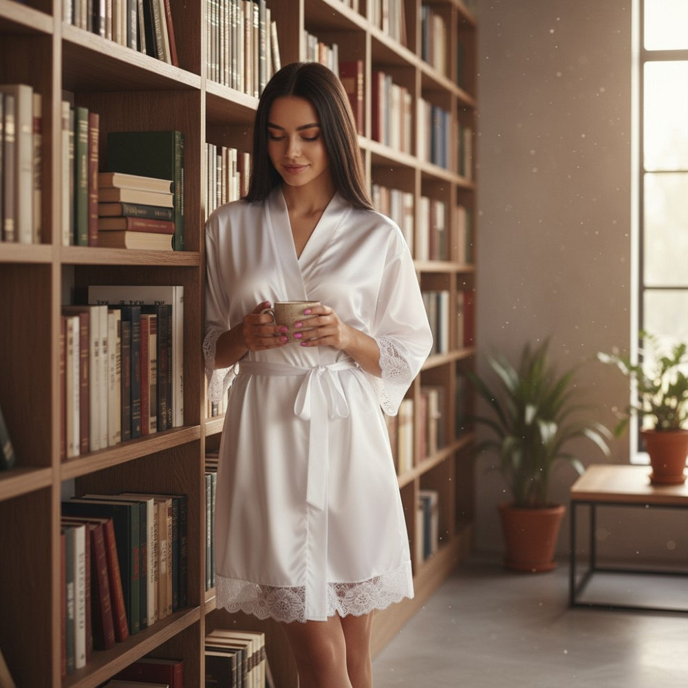 Халат жіночий сатиновий з мереживом Білий XL/2XL Харків - фото 4