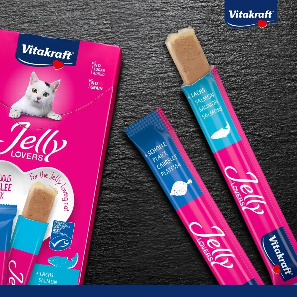 Низькокалорійне желе для котів Вітакрафт Vitakraft Jelly Lovers з лососем та камбалою (2 смаки), 6 шт × 15 г Вінниця - фото 4