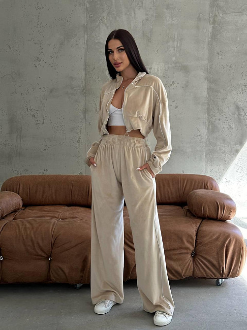 Стильный женский велюровый мягкий костюм двойка велюр плюш Бежевый 44/46 Одесса - изображение 1