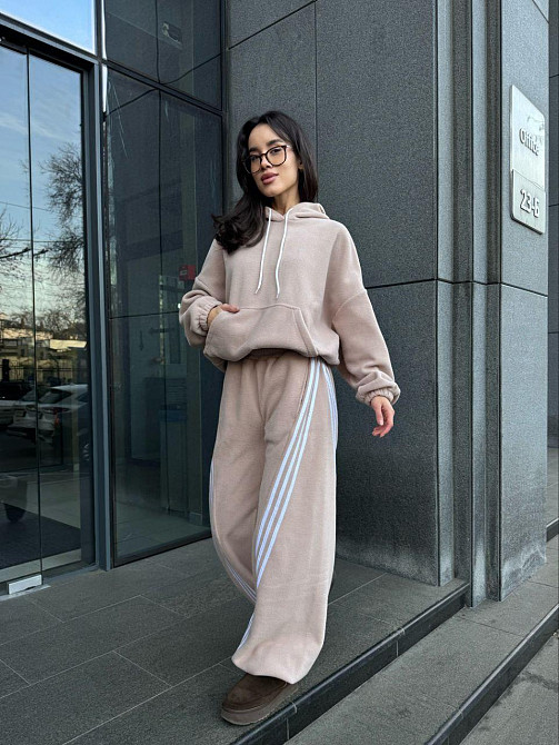 Женский теплый костюм двойка с лампасами из турецкого флиса Бежевый, 46/48 Одесса - изображение 6