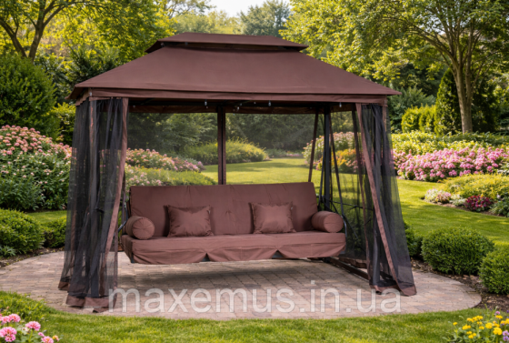 Садовые качели Bonro JD3060 4-х местная раскладная с навесом и москитной сеткой для сада и террасы коричневая Мостиська